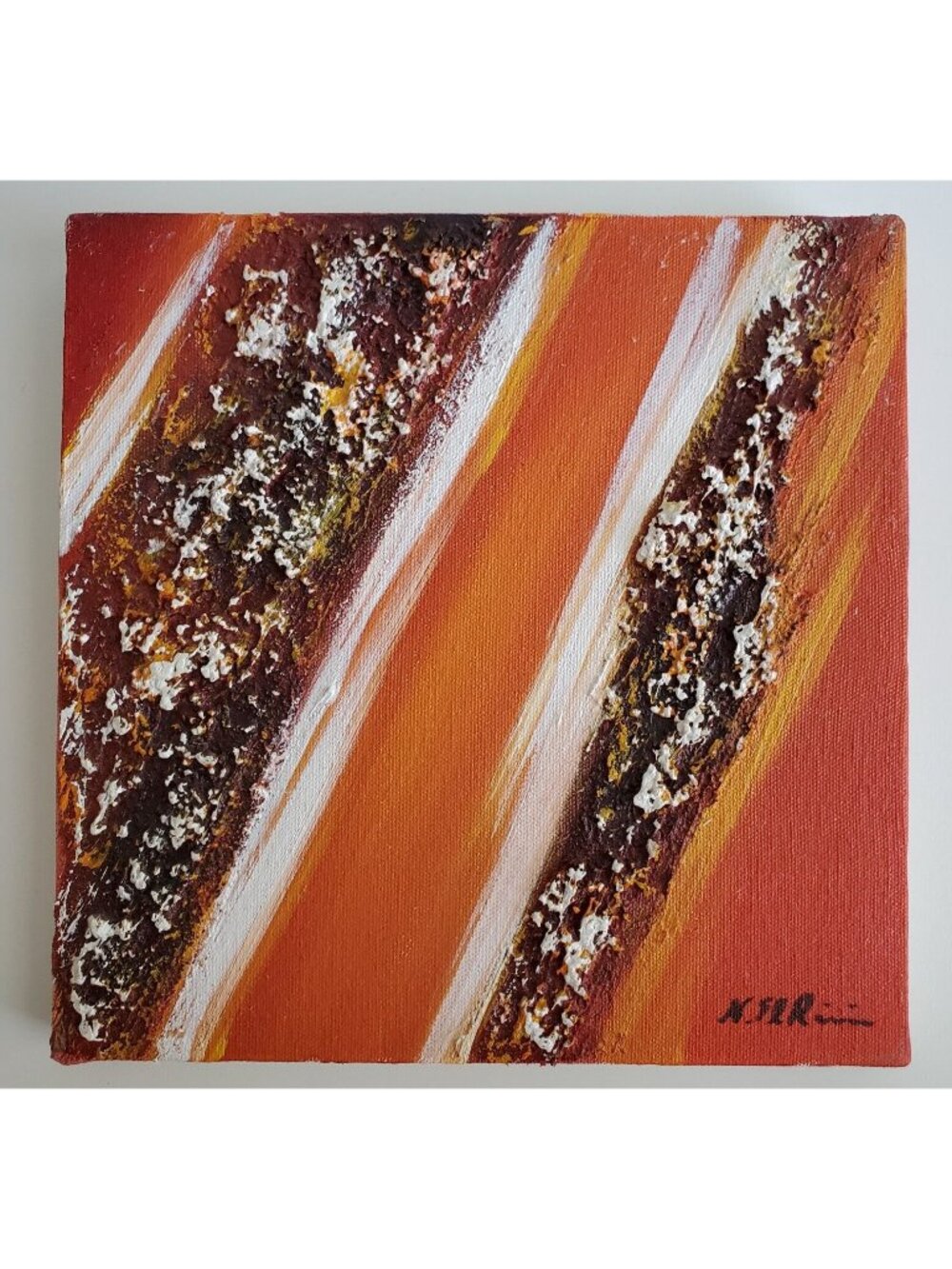 ORIGINAL PAINTING Orange Lava Textured Abstract Signed MCM Style 10" Vintage